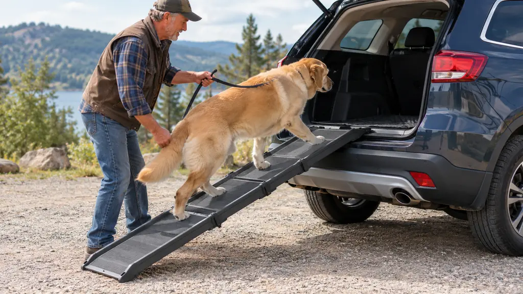 A person guiding a large dog up a folding ramp into an SUV