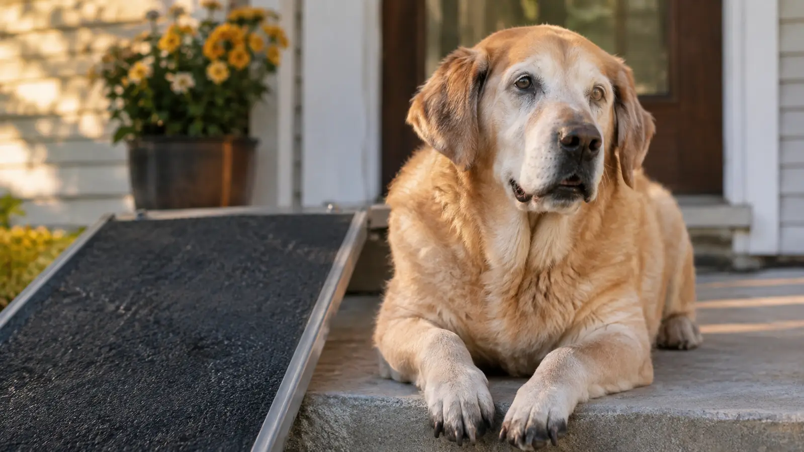 A senior dog resting on a porch step after using a ramp