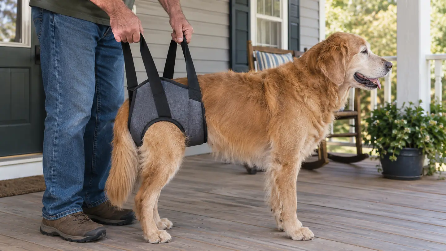A person holding the handles of a rear support sling while an older dog stands on a porch
