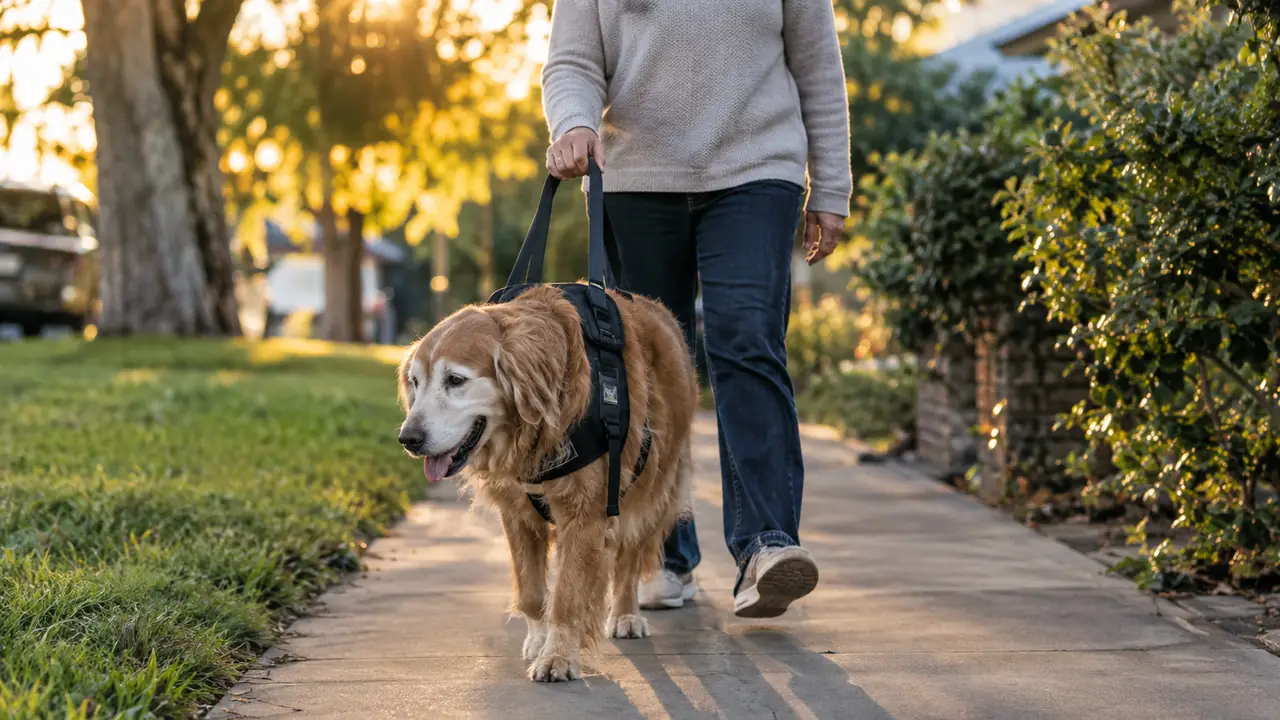 An older dog walking on a sidewalk with a person using a rear support sling