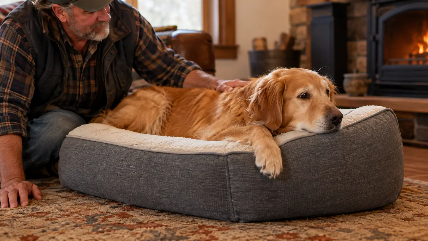 A dog lying on an orthopedic bed with a paw resting over the edge