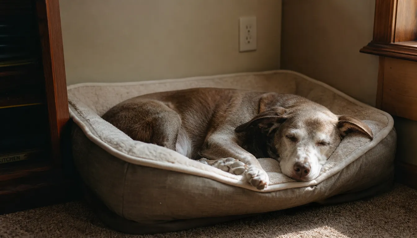A senior dog sleeping soundly on an orthopedic bed in a quiet corner of a home