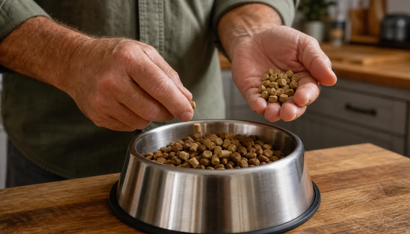 A hand sprinkling a chewable supplement on top of kibble in a stainless steel bowl