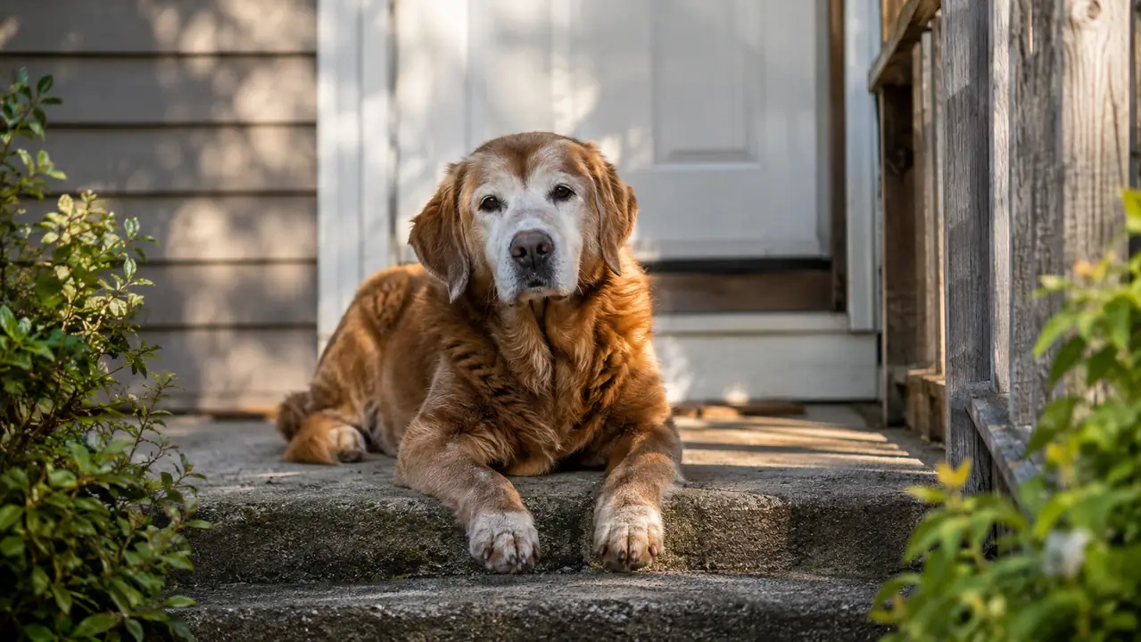 A senior dog waiting at the back steps of a single-story house