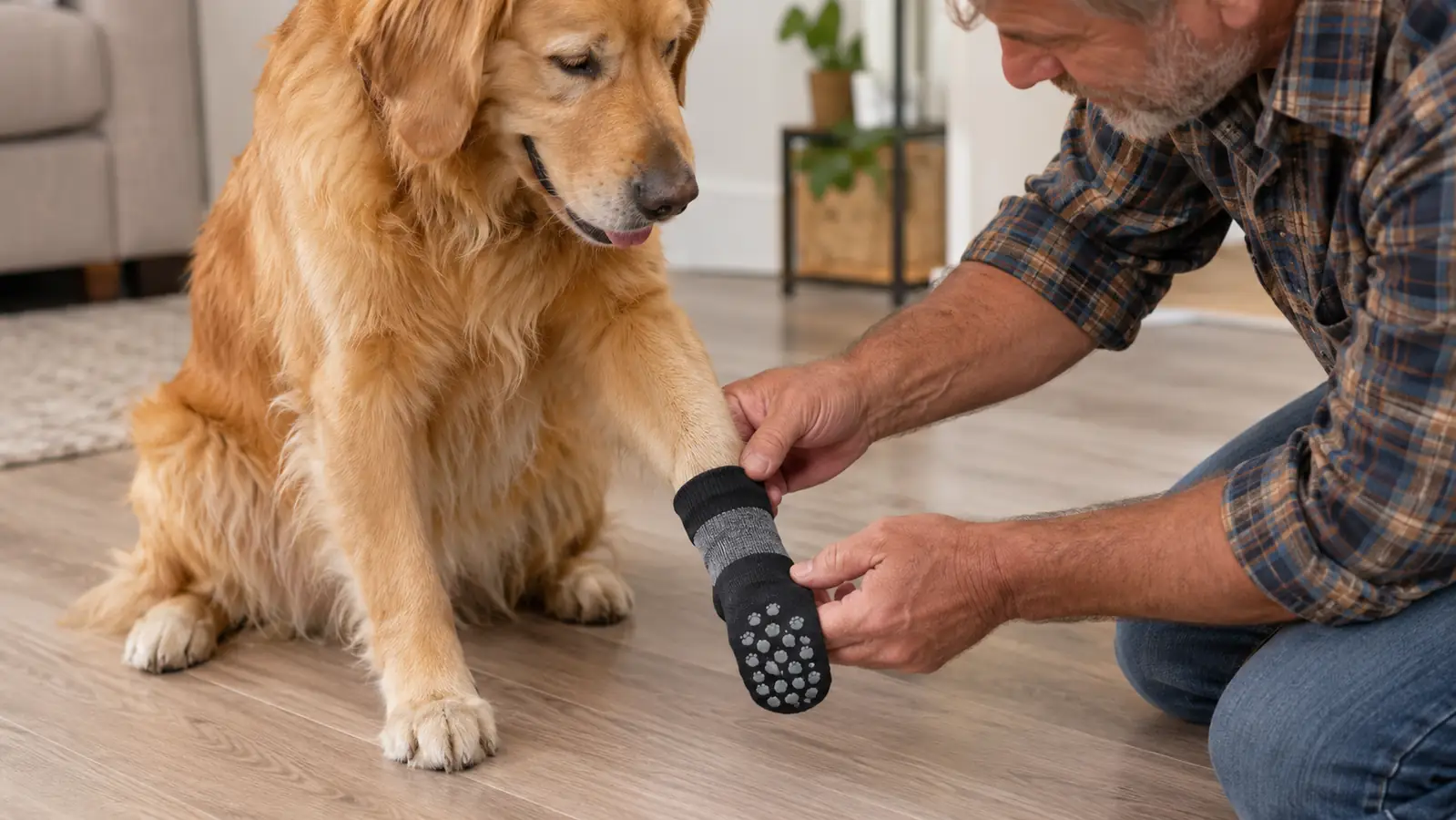 A hand slipping a non-slip dog sock onto a dog's paw while the dog sits on a laminate floor