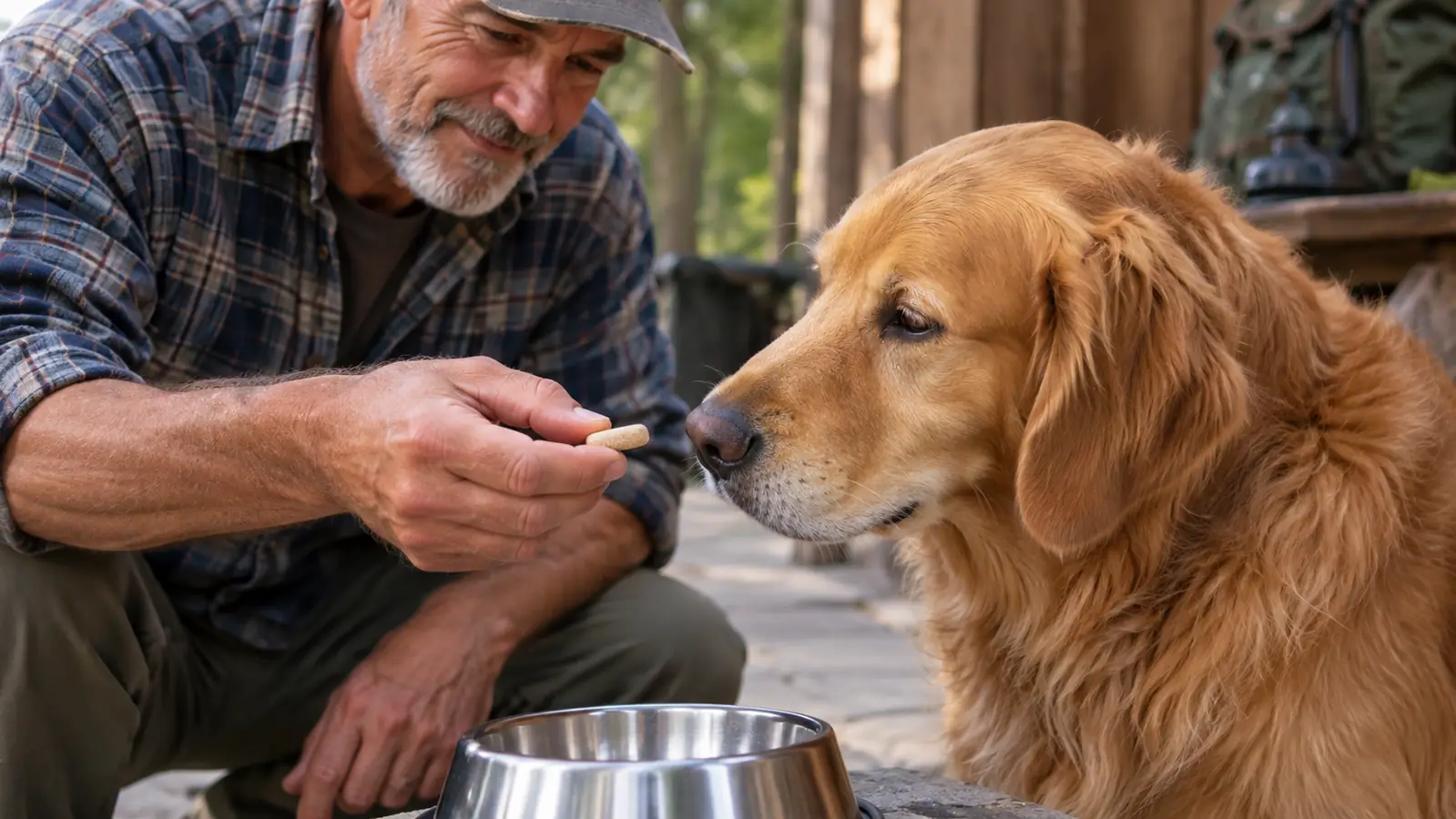 A hand offering a chewable tablet to a dog beside a stainless bowl