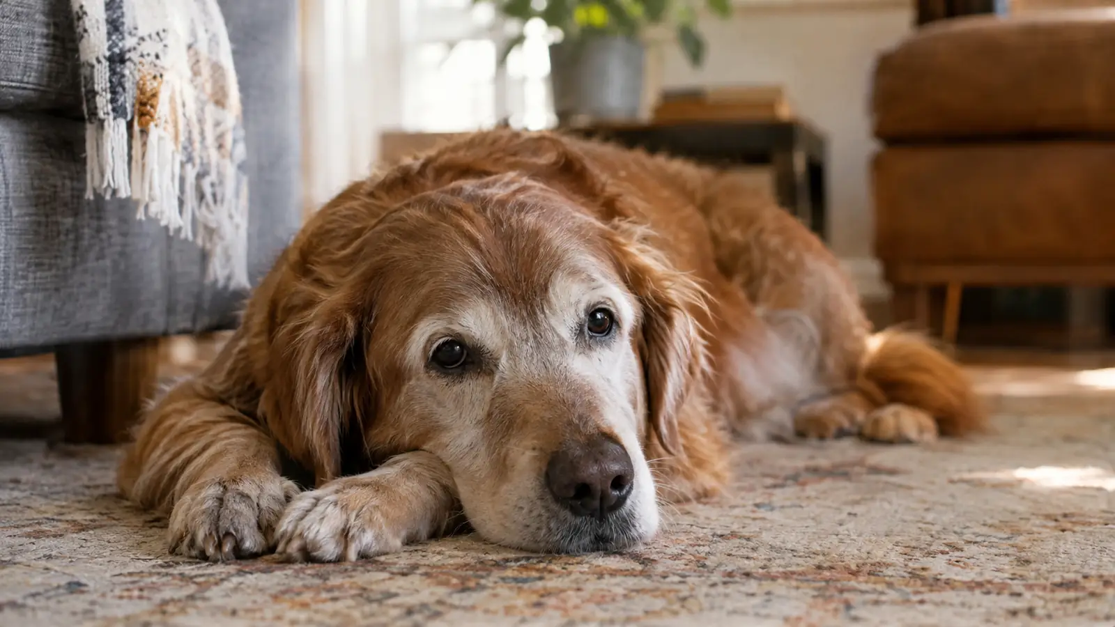 A senior dog resting on a rug indoors