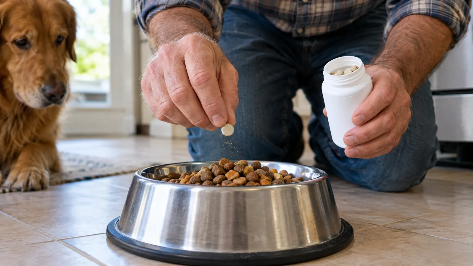 A hand sprinkling a chewable tablet on top of kibble in a stainless steel bowl