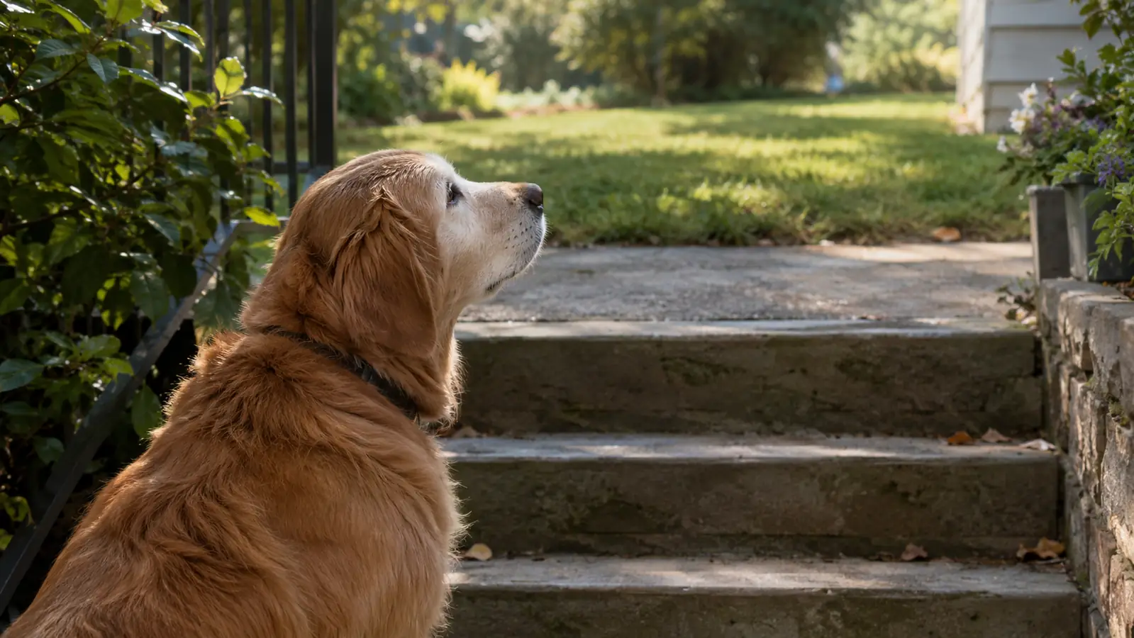 A senior dog waiting at the bottom of three back steps, looking up at the yard