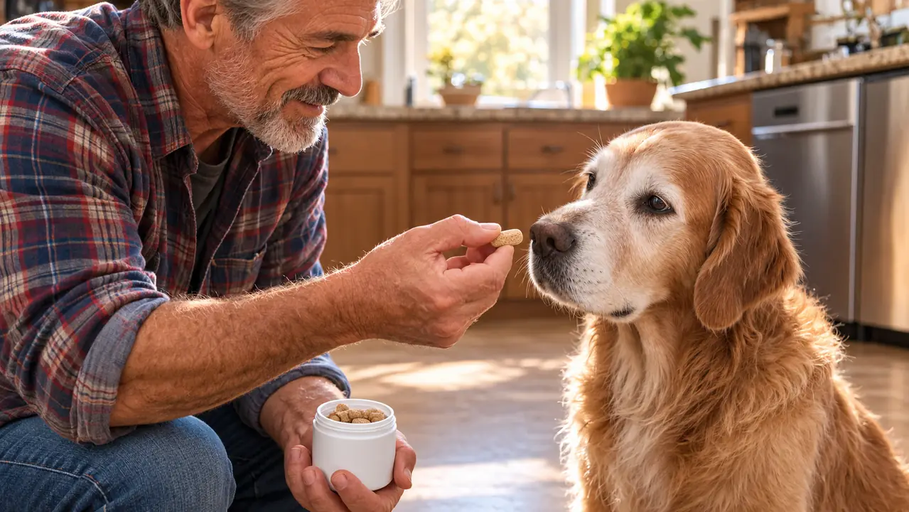 A hand offering a chewable tablet to a senior dog sitting on a kitchen floor