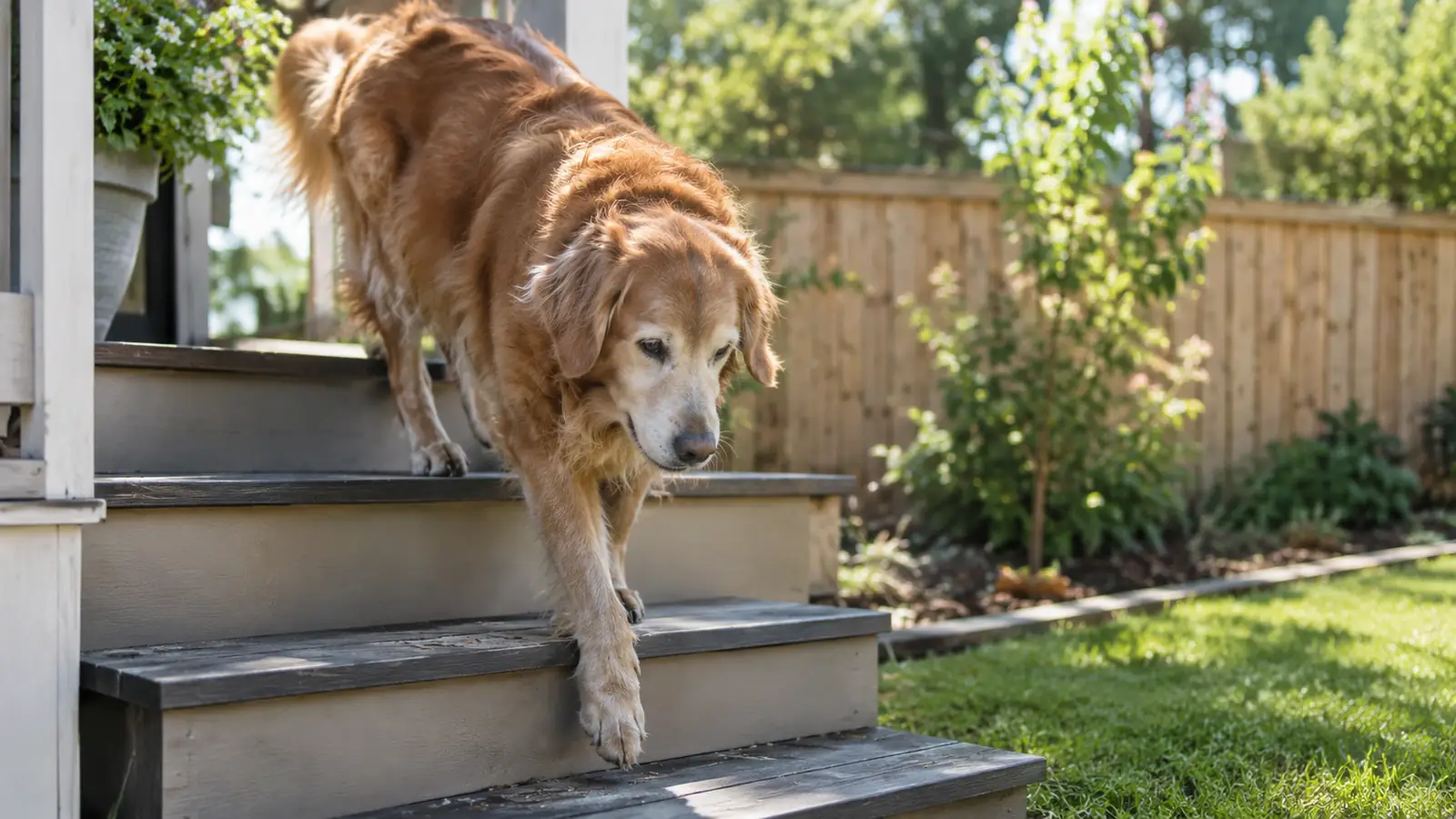 A senior dog stepping carefully down three back steps into a fenced yard