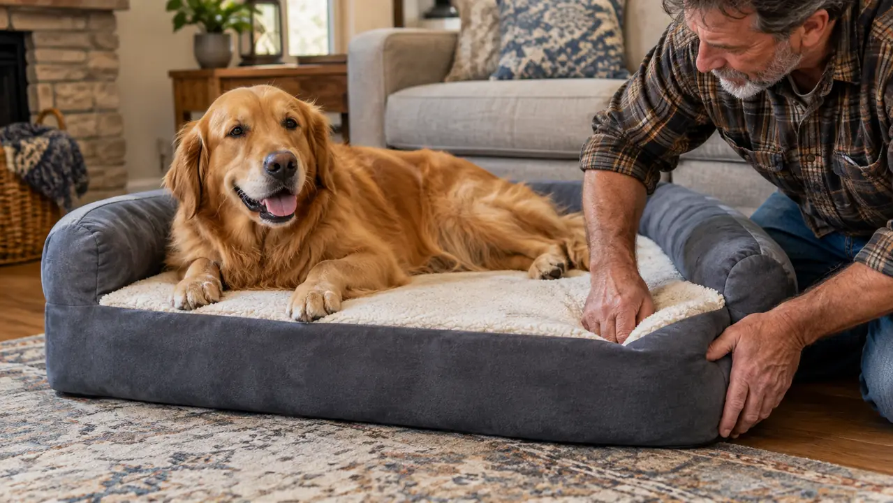 A dog lying on an orthopedic bed while a person's hand checks the thickness of the foam edge