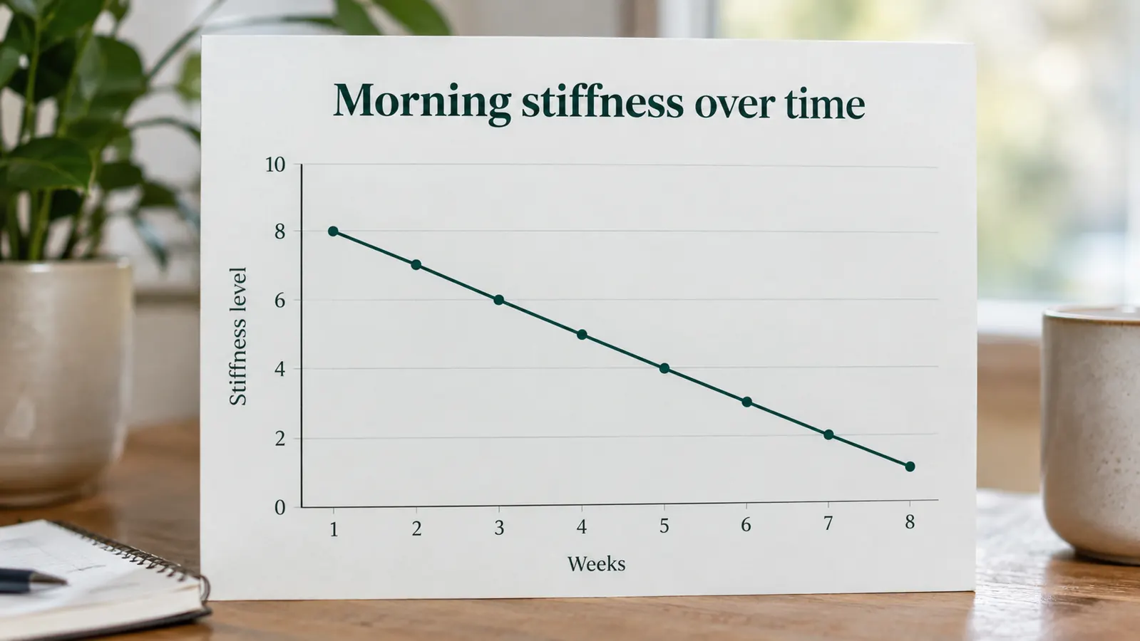 A simple line chart showing a dog's morning stiffness easing over several months of using an orthopedic bed