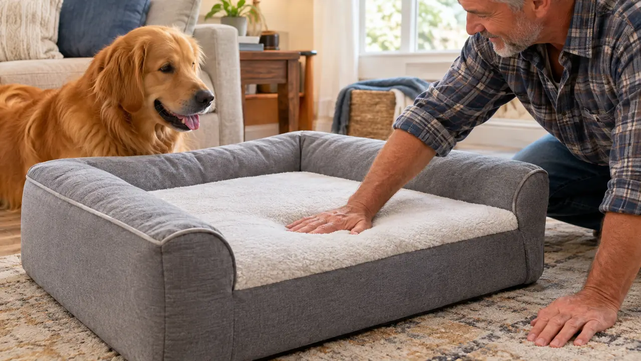 A person's hand smoothing the waterproof cover of a large orthopedic dog bed while the dog watches