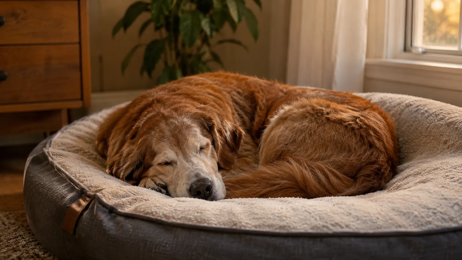 A senior dog curled up on an orthopedic bed in a corner of a bedroom, evening light