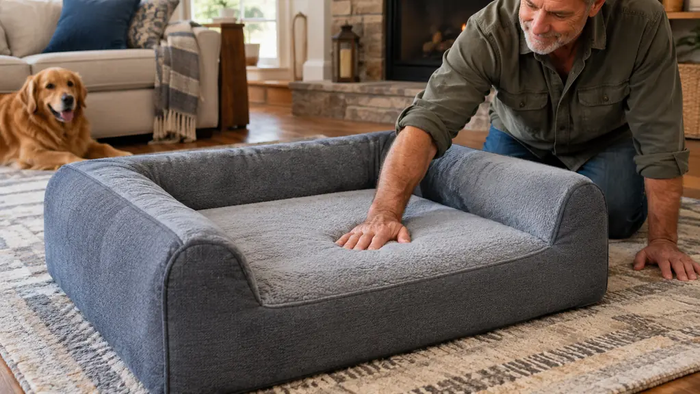 A hand smoothing the surface of a large orthopedic dog bed in a living room