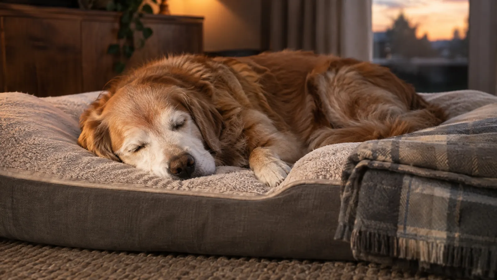 A senior dog sleeping soundly on an orthopedic bed with a blanket nearby
