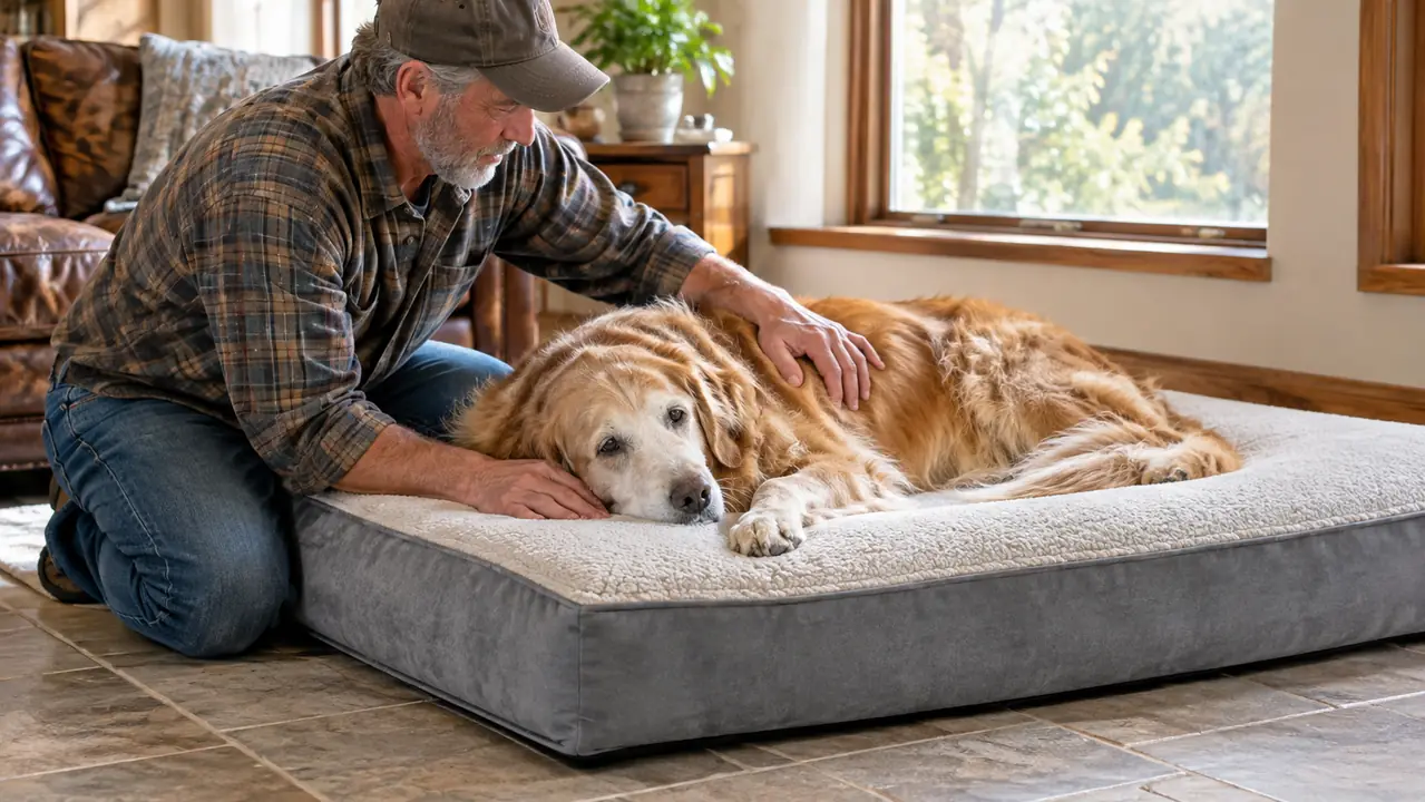 A person kneeling beside a large dog lying on a large orthopedic bed