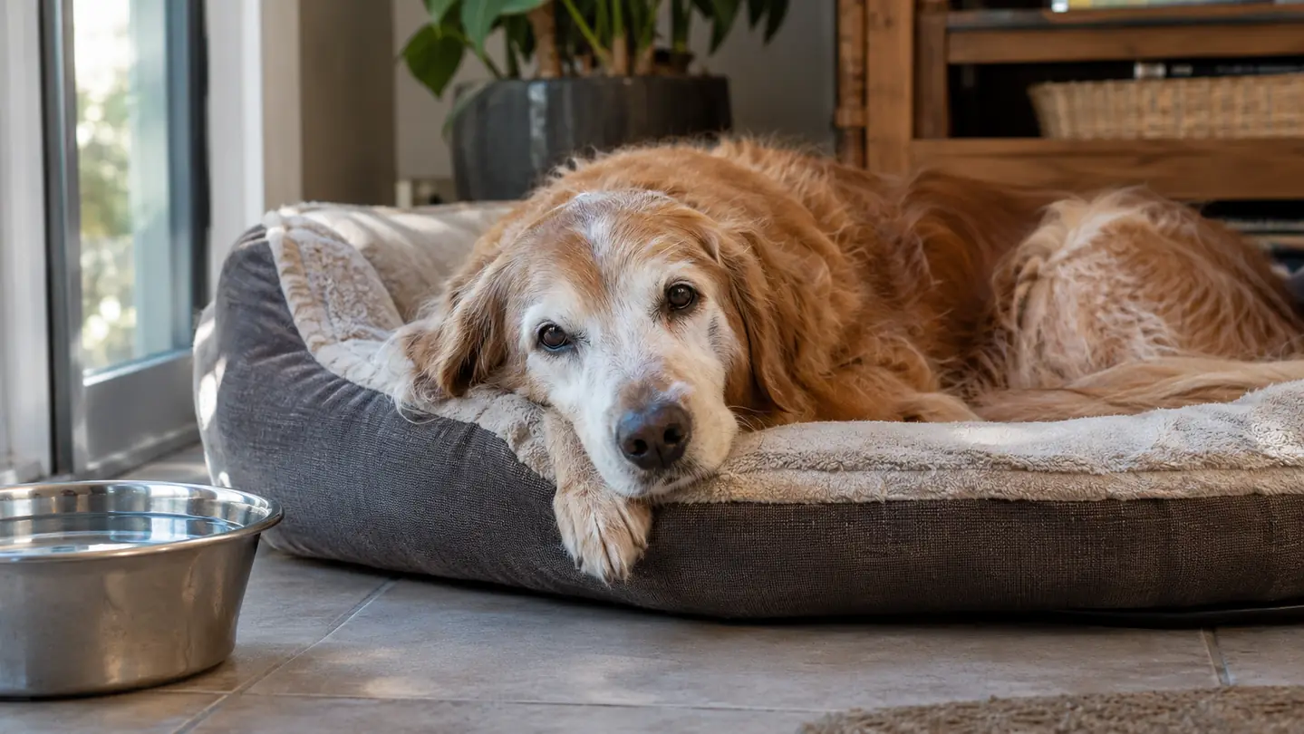 A senior dog resting on an orthopedic bed beside a water bowl on a tiled floor