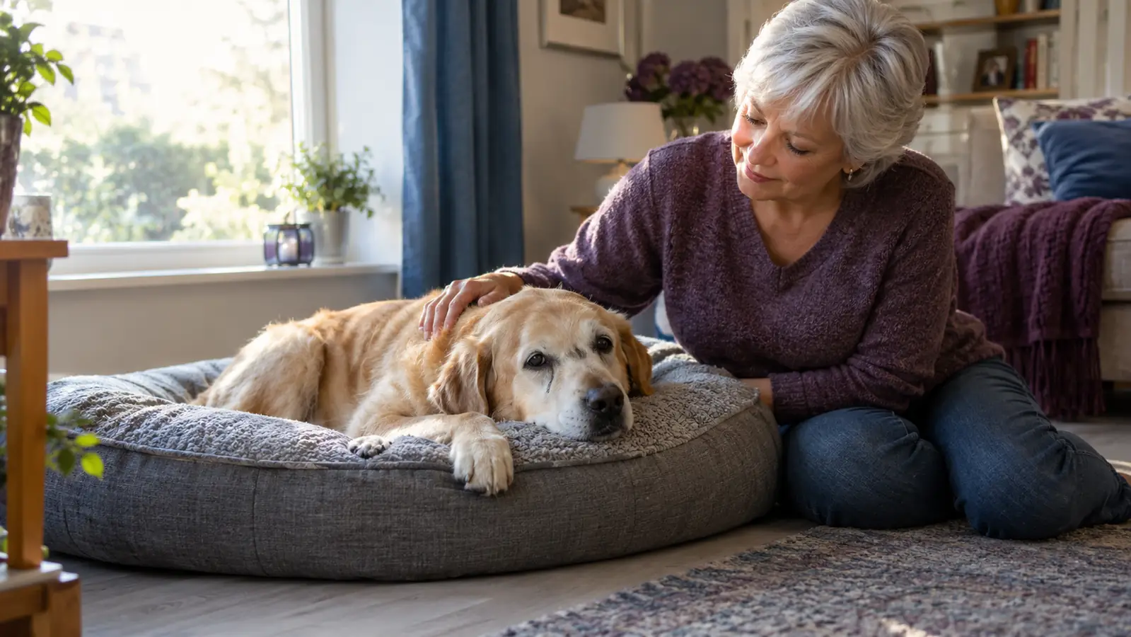 An older dog with a graying muzzle resting on a thick orthopedic dog bed while a woman kneels beside it in a sunlit living room