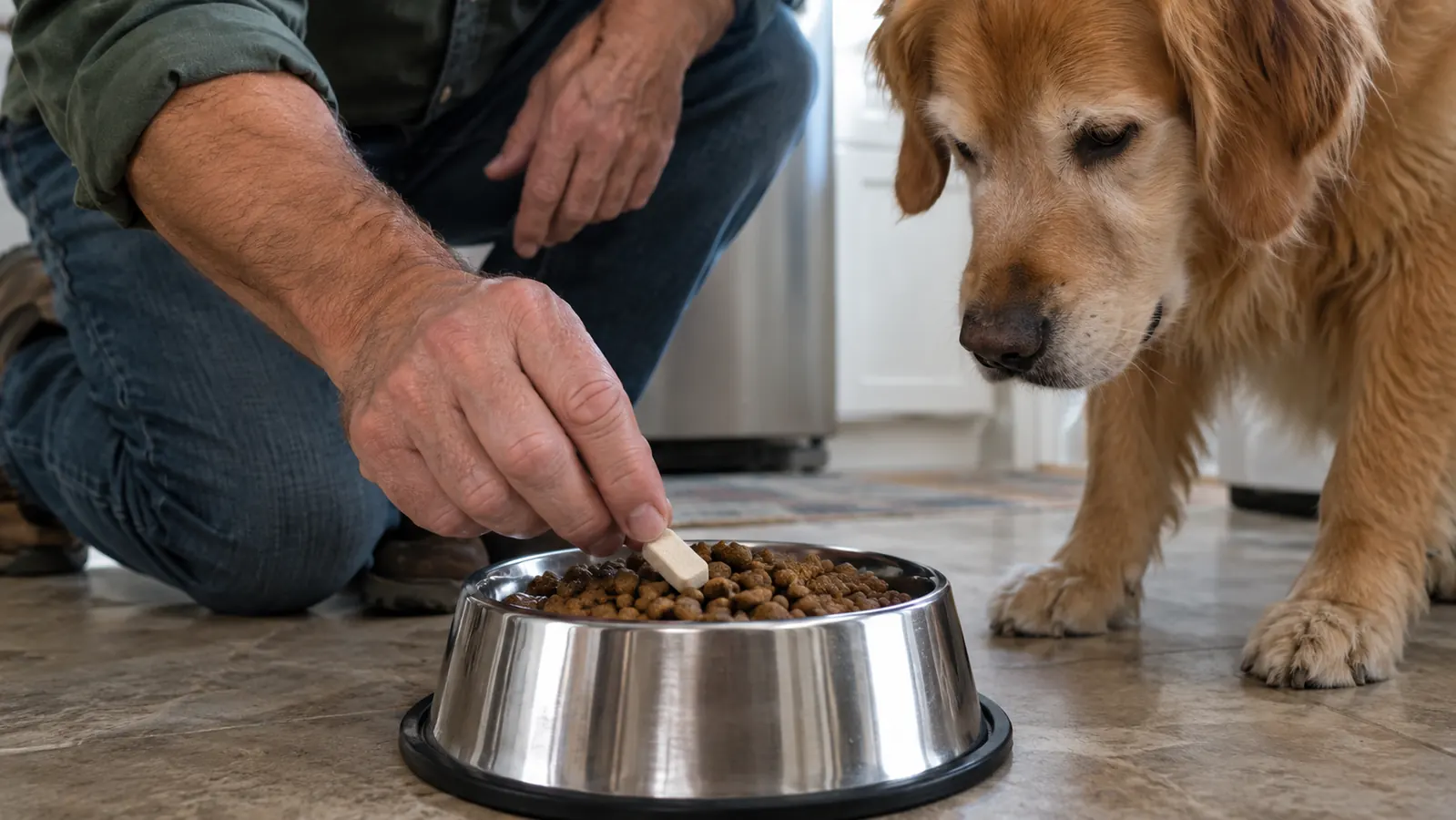 A hand placing a chewable tablet on top of a dog's food in a stainless steel bowl