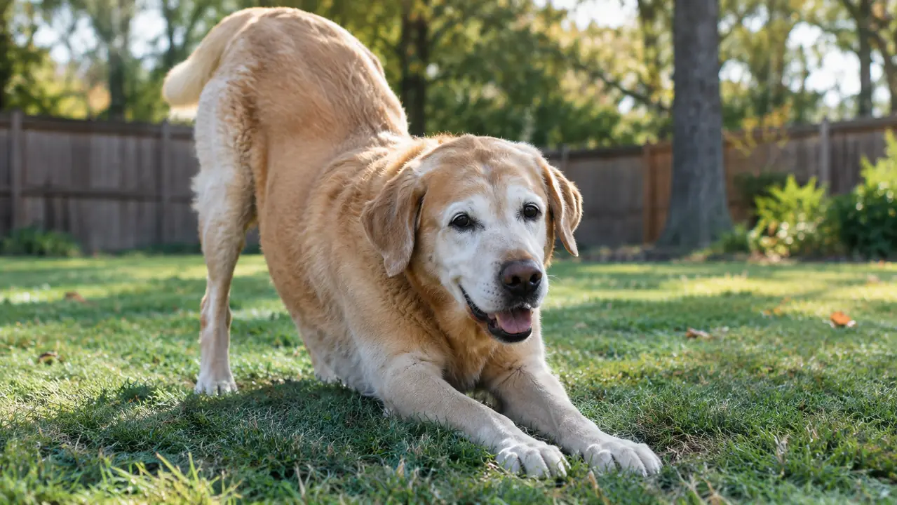 A dog stretching its front legs low on the grass in a backyard in the morning
