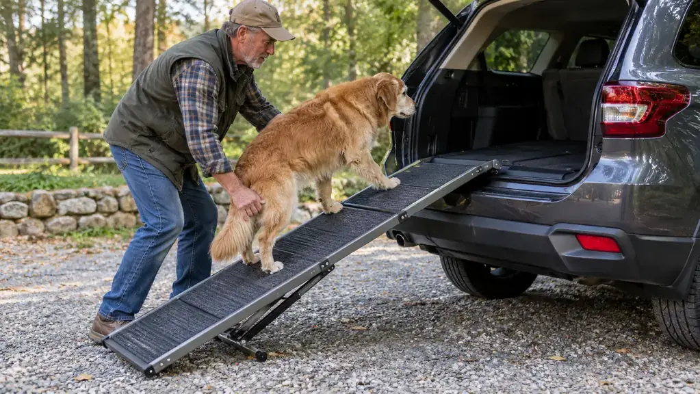 A person guiding a senior dog up a folding ramp into the back of an SUV