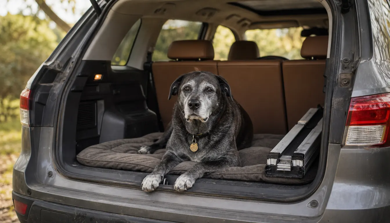 A senior dog resting on a padded bed in the back of an SUV after climbing a ramp
