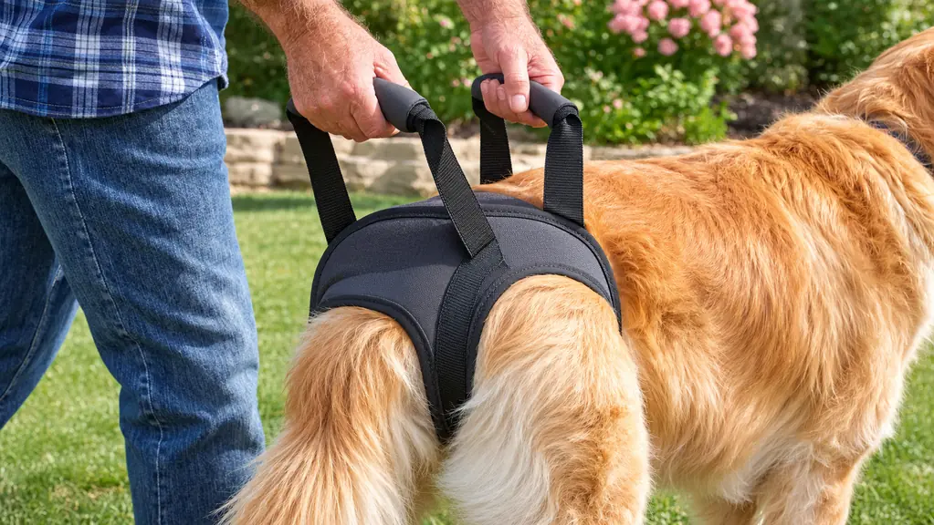 A person's hands holding the padded handles of a rear support sling while a large dog stands on a lawn