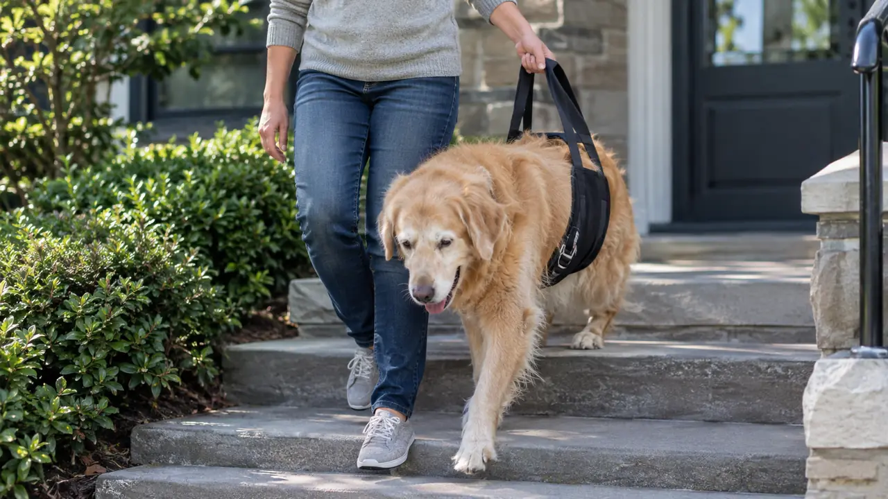 A person guiding a large dog down three back steps while holding a rear support sling