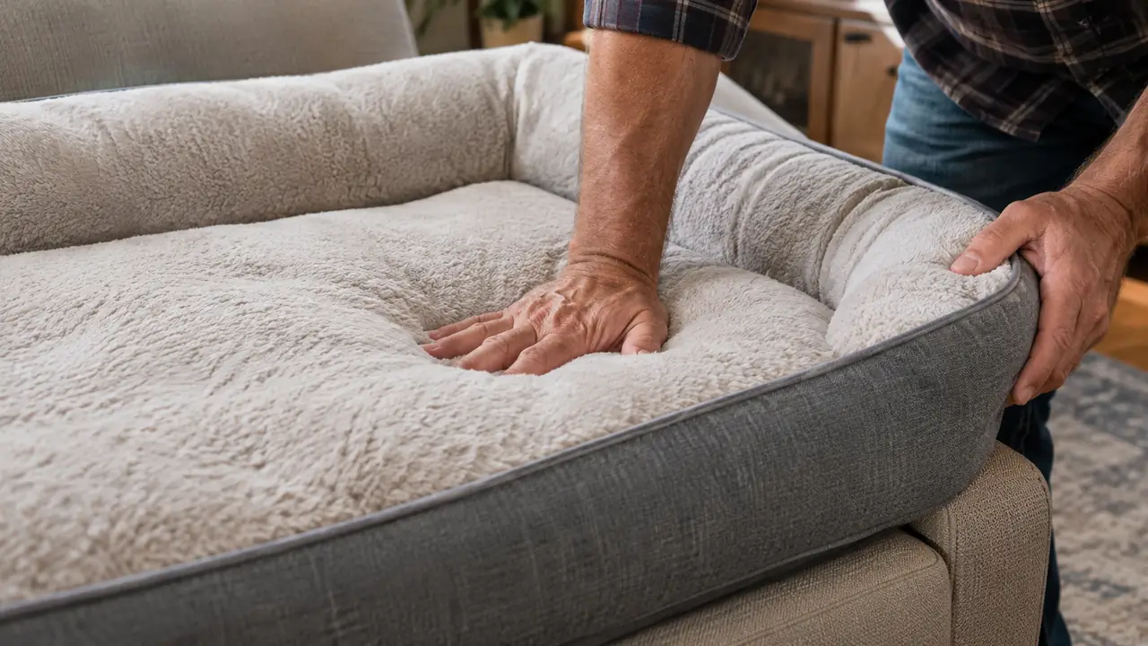A hand pressing into the foam surface of an extra large orthopedic dog bed to show how it supports weight
