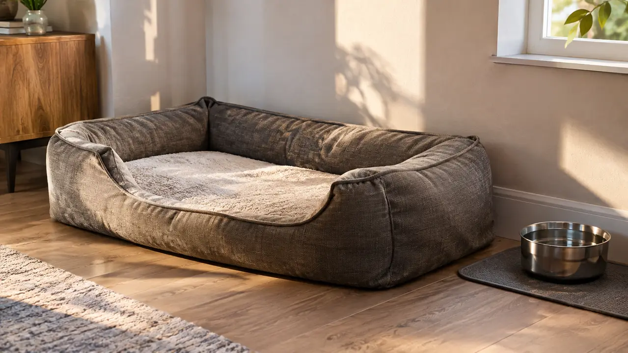 An extra large orthopedic dog bed sitting in a quiet corner beside a water bowl on a mat