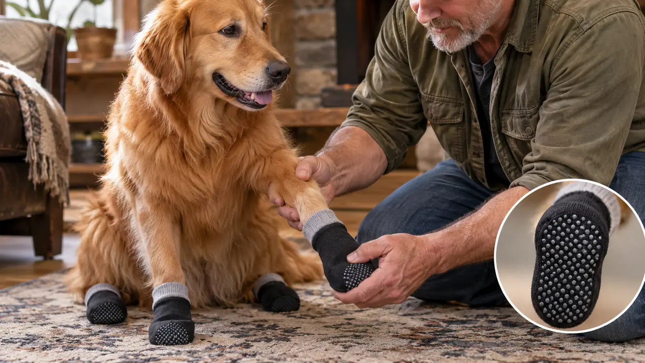 A hand slipping a non-slip dog sock onto a dog's paw while the dog sits on a rug