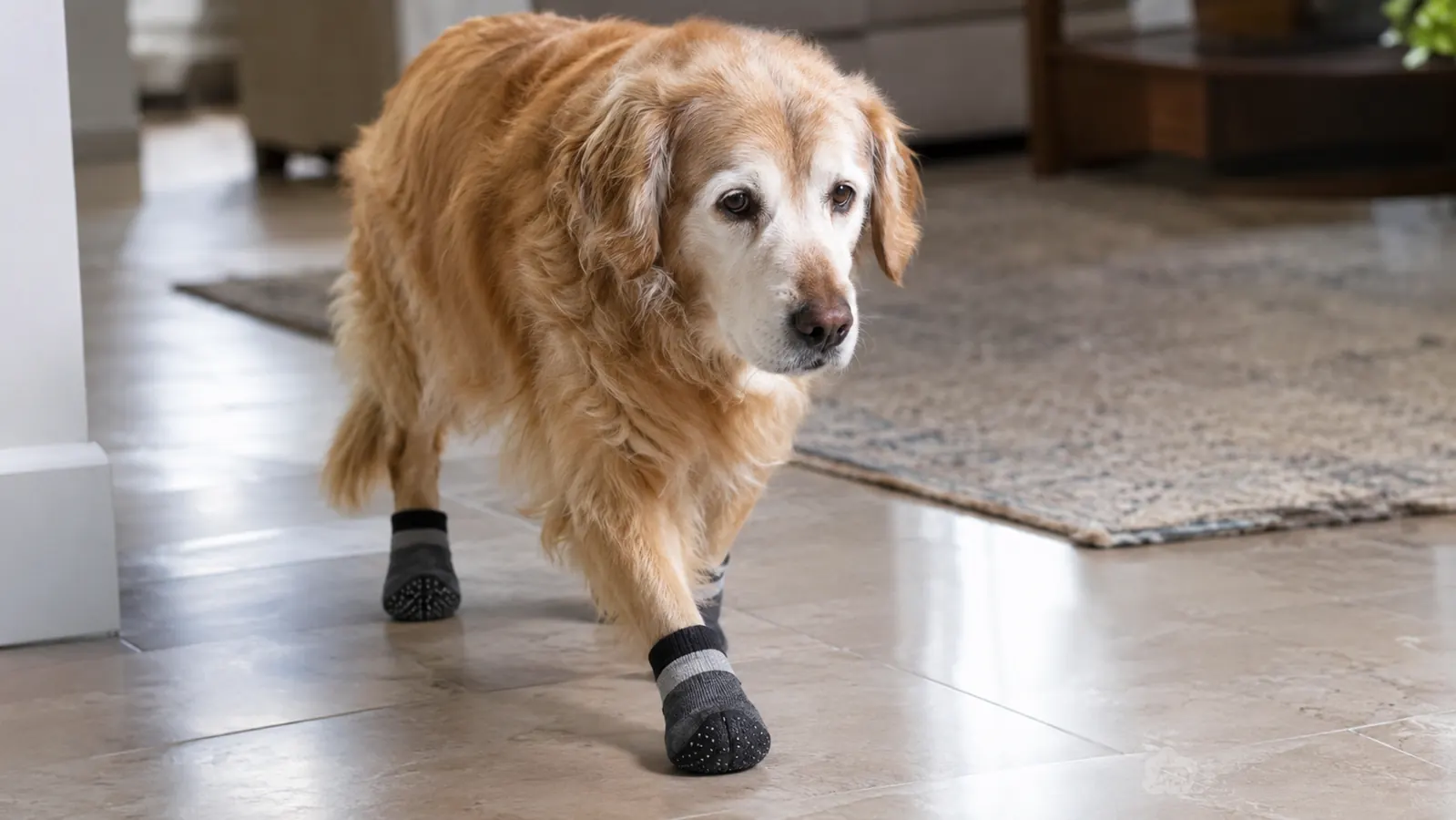 A senior dog walking across a tile floor with non-slip socks on its paws, a rug visible in the background