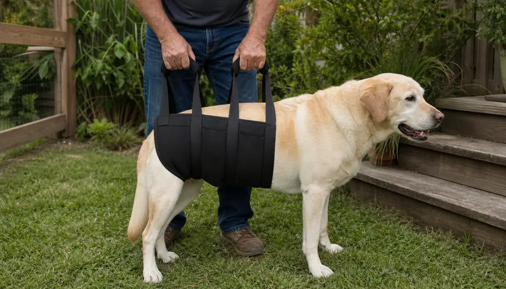 A person holding the padded handles of a rear support sling under a large dog's belly while the dog stands on a lawn