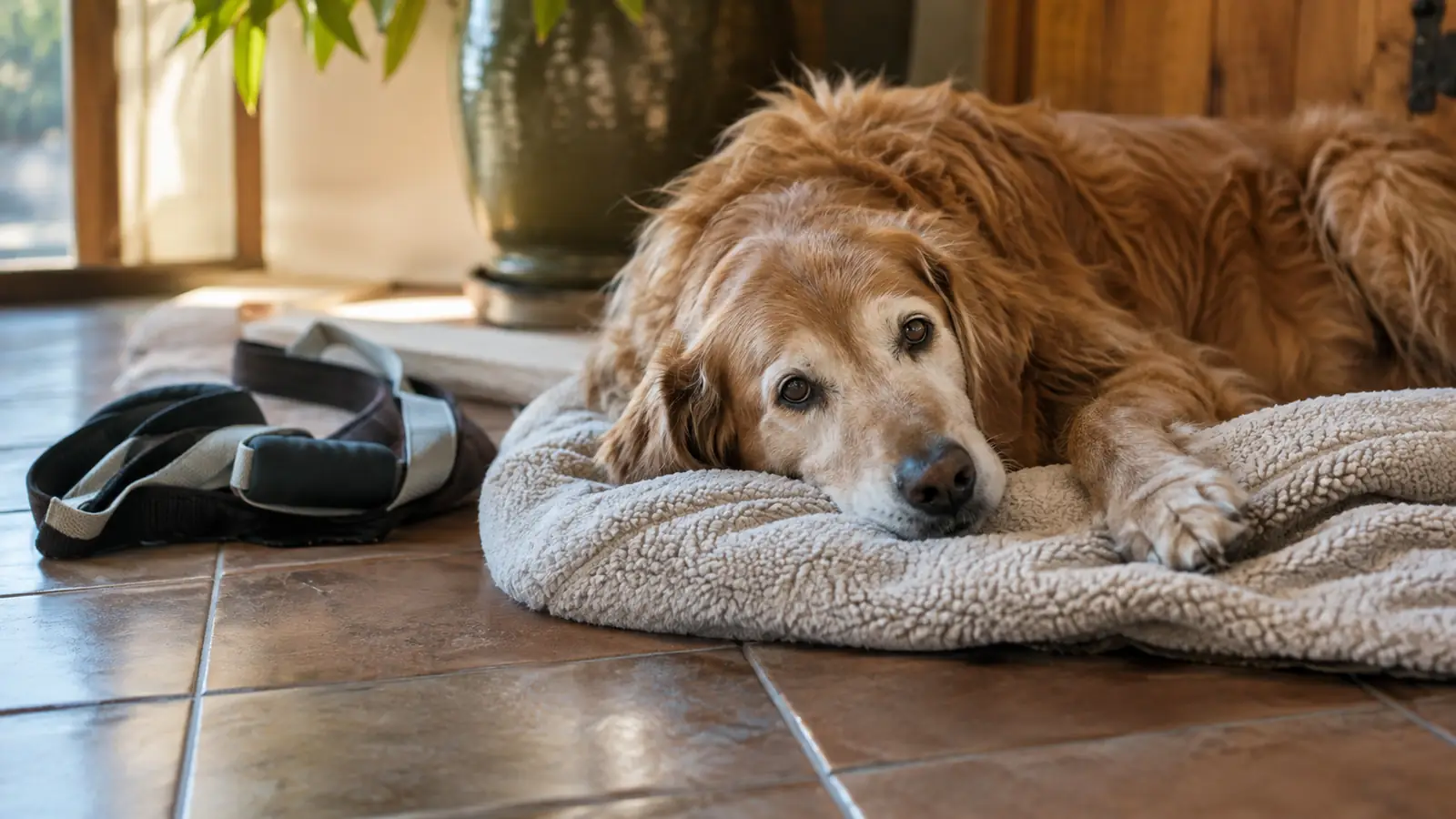 An older dog resting on a blanket on the floor after a short walk, with a support sling folded beside it