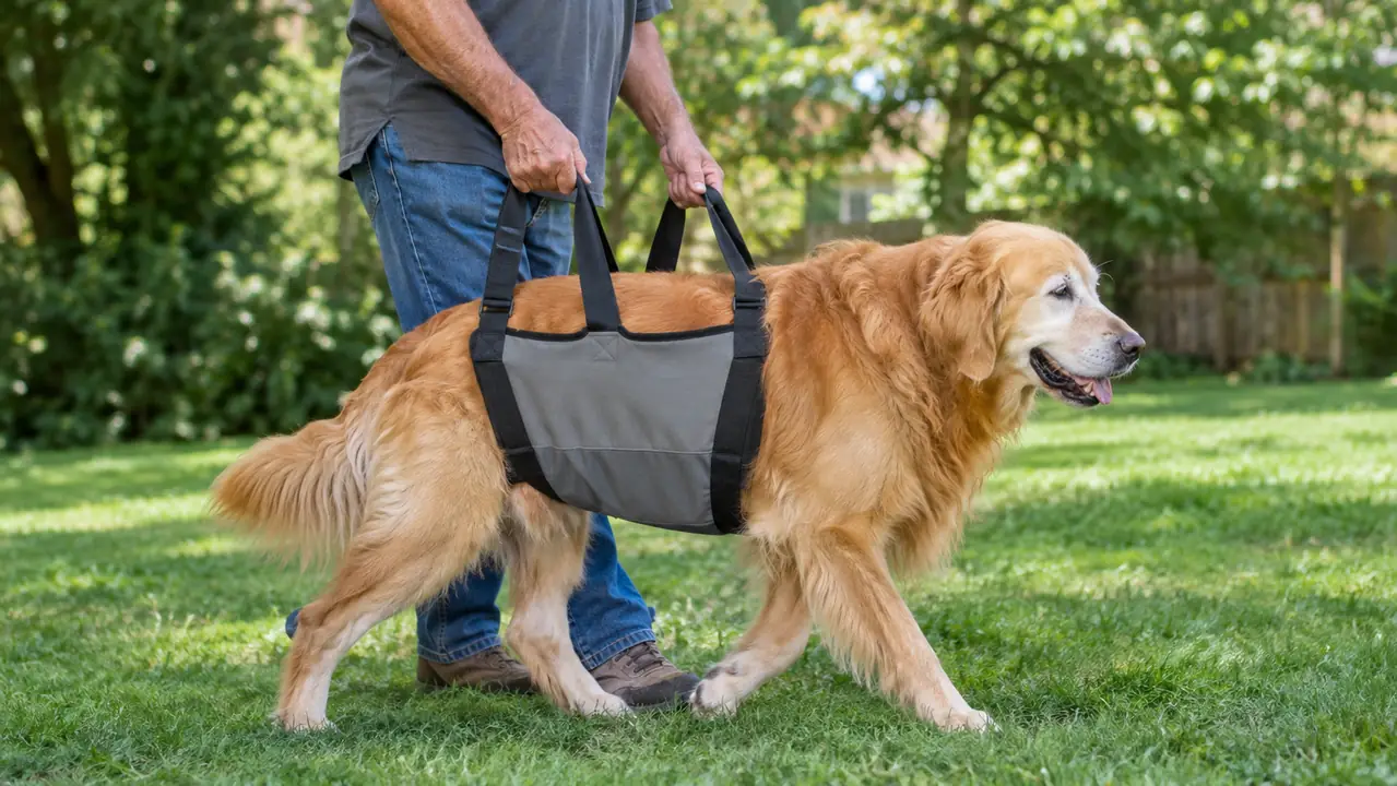 A person standing behind a large dog, holding the two handles of a rear support sling while the dog walks on a lawn