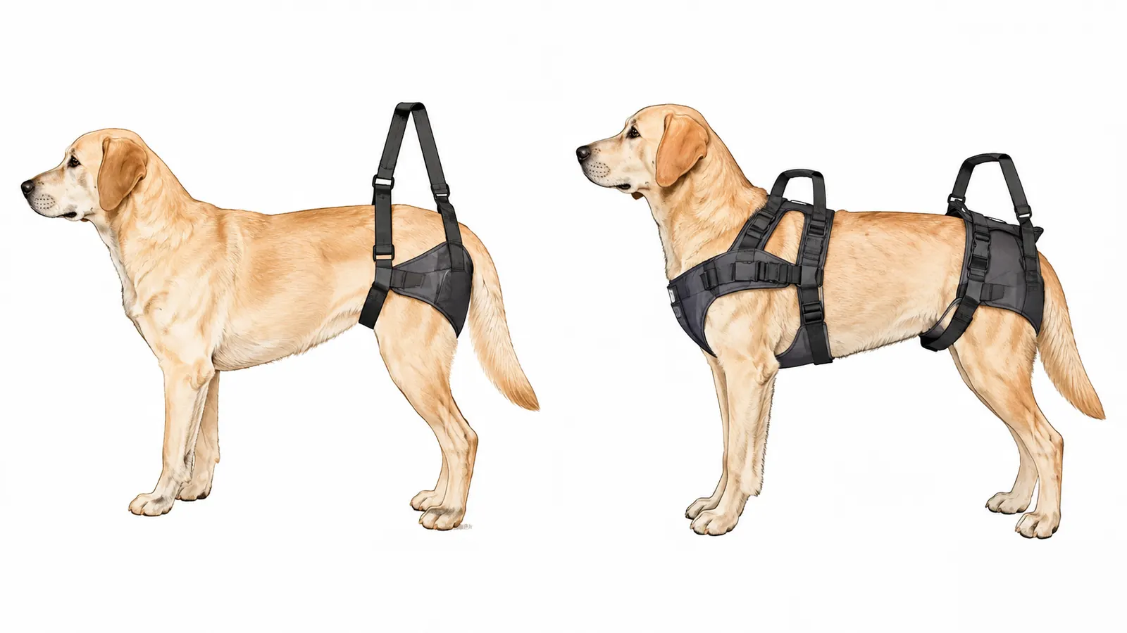 A simple line drawing comparing a rear support sling and a full-body lift harness on a dog