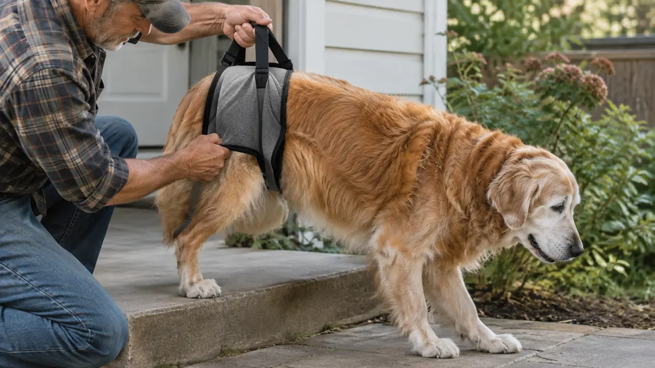 A person holding a rear support sling under an older dog's hindquarters while the dog walks down a step