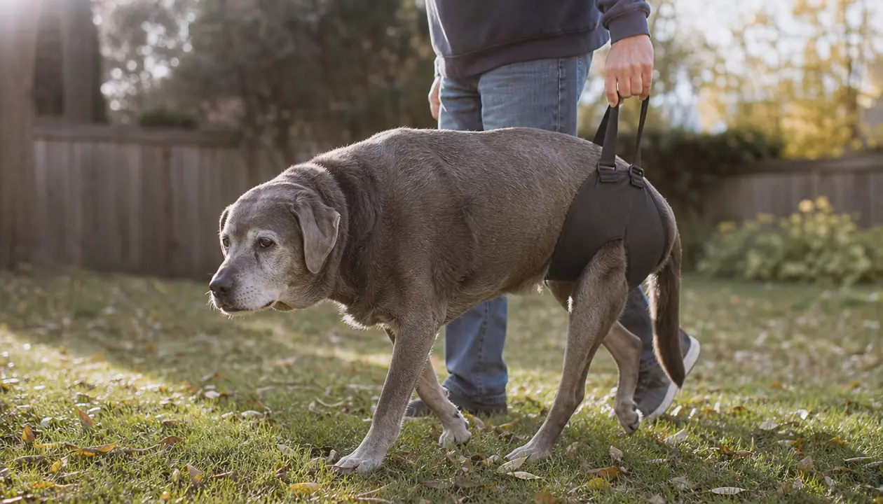 An older dog walking across a grassy yard with a person steadying the dog with a rear support sling