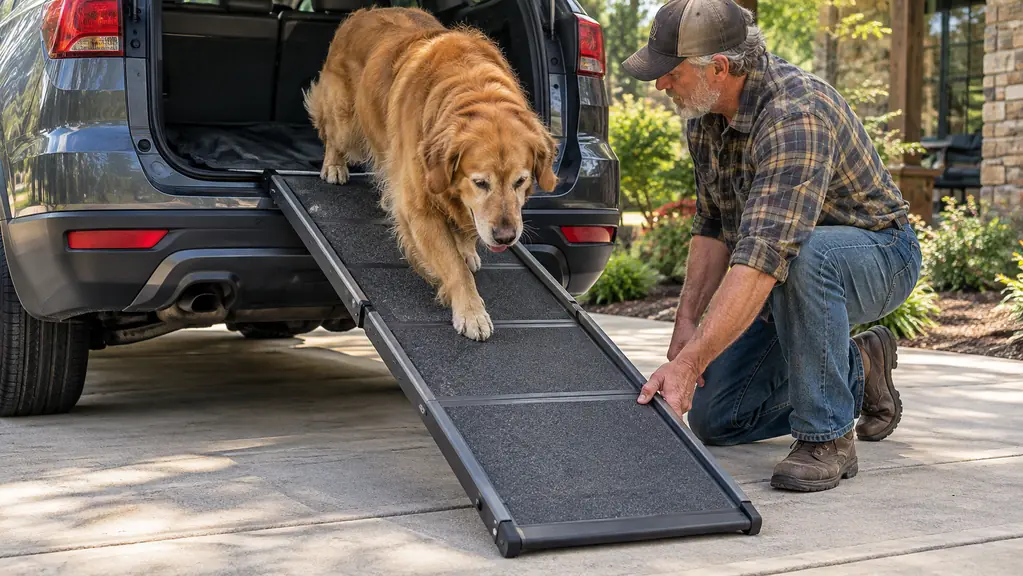 A person's hand steadying a folding dog ramp while a large dog walks down it from the back of an SUV