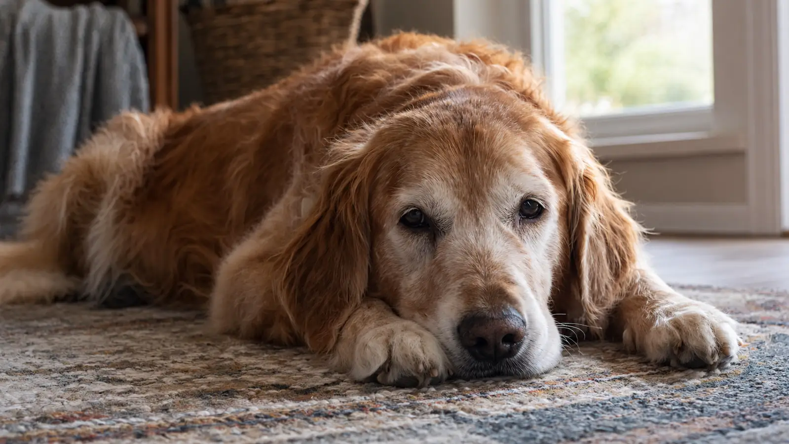 A senior dog lying on a rug indoors after a car ride, resting its head on its paws