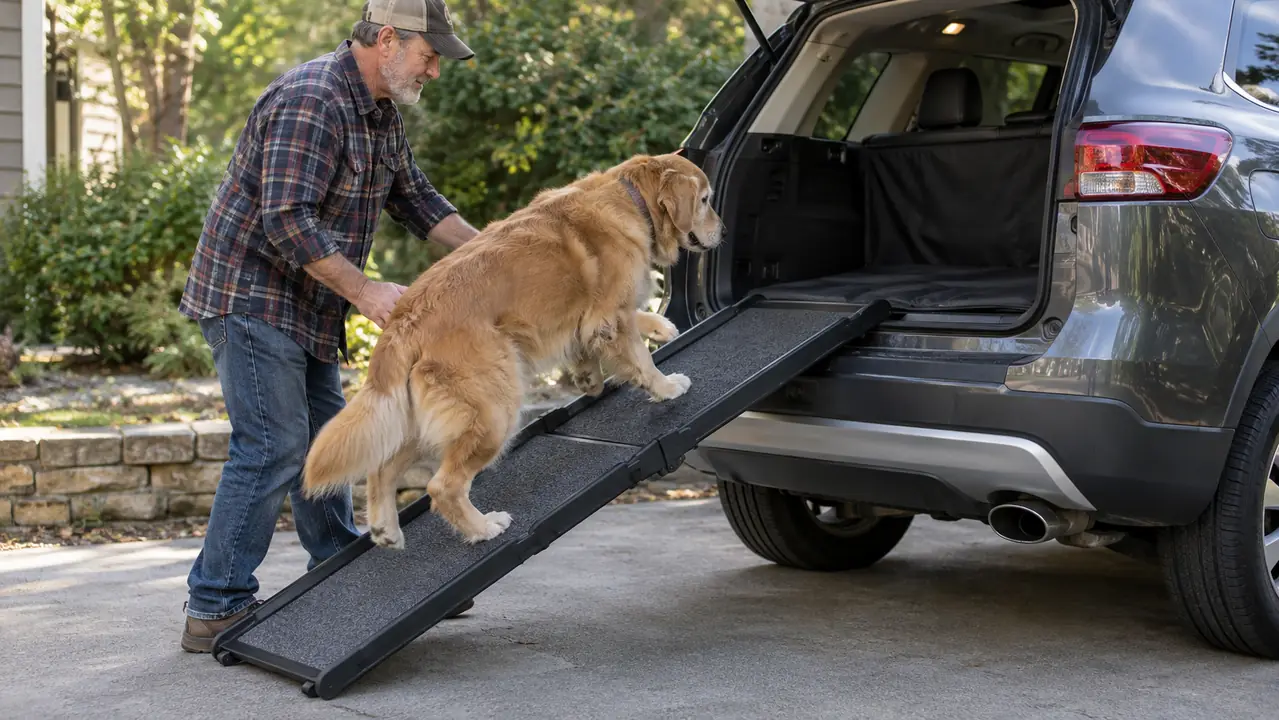 A person guiding a senior dog up a folding ramp into the back of an SUV