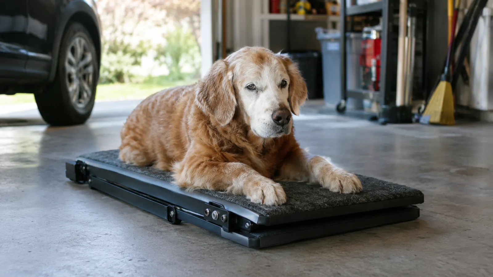 A senior dog resting on a folded ramp lying flat on a garage floor