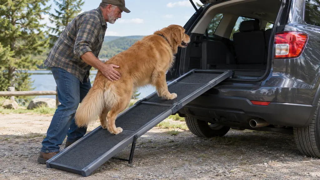 A person guiding a large dog up a folding ramp into the back of an SUV