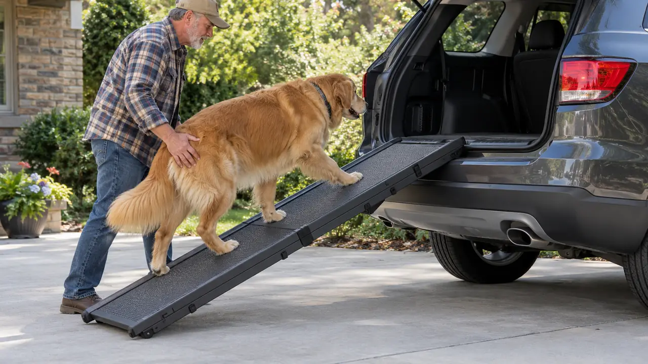 A person guiding a large dog up a folding ramp into the back of an SUV