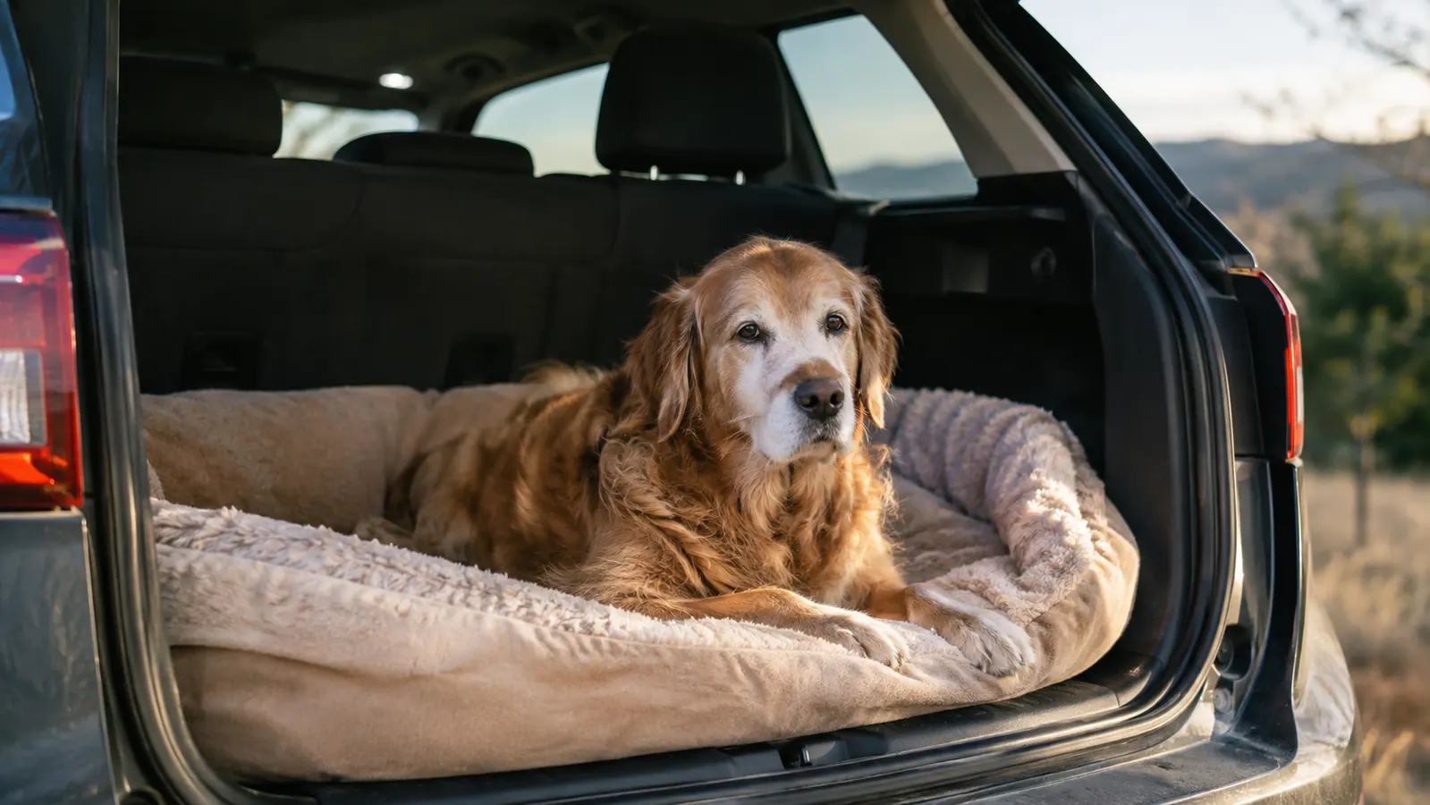 A senior dog lying on a soft bed in the back of an SUV after climbing the ramp