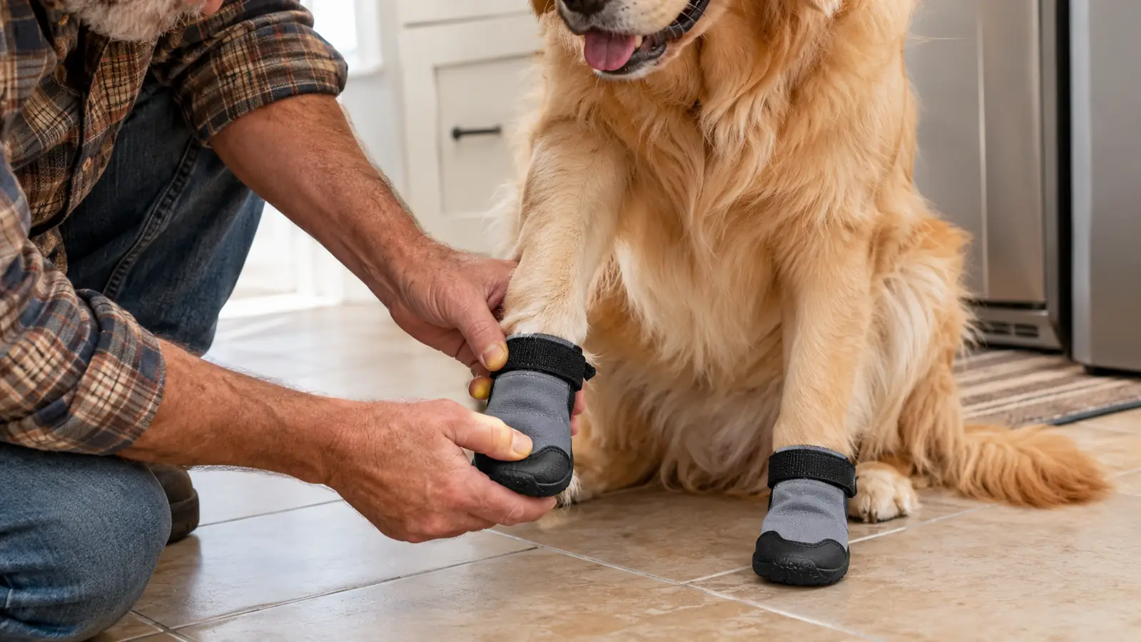 A hand fitting a non-slip dog sock onto a dog's back paw while the dog sits on a kitchen floor