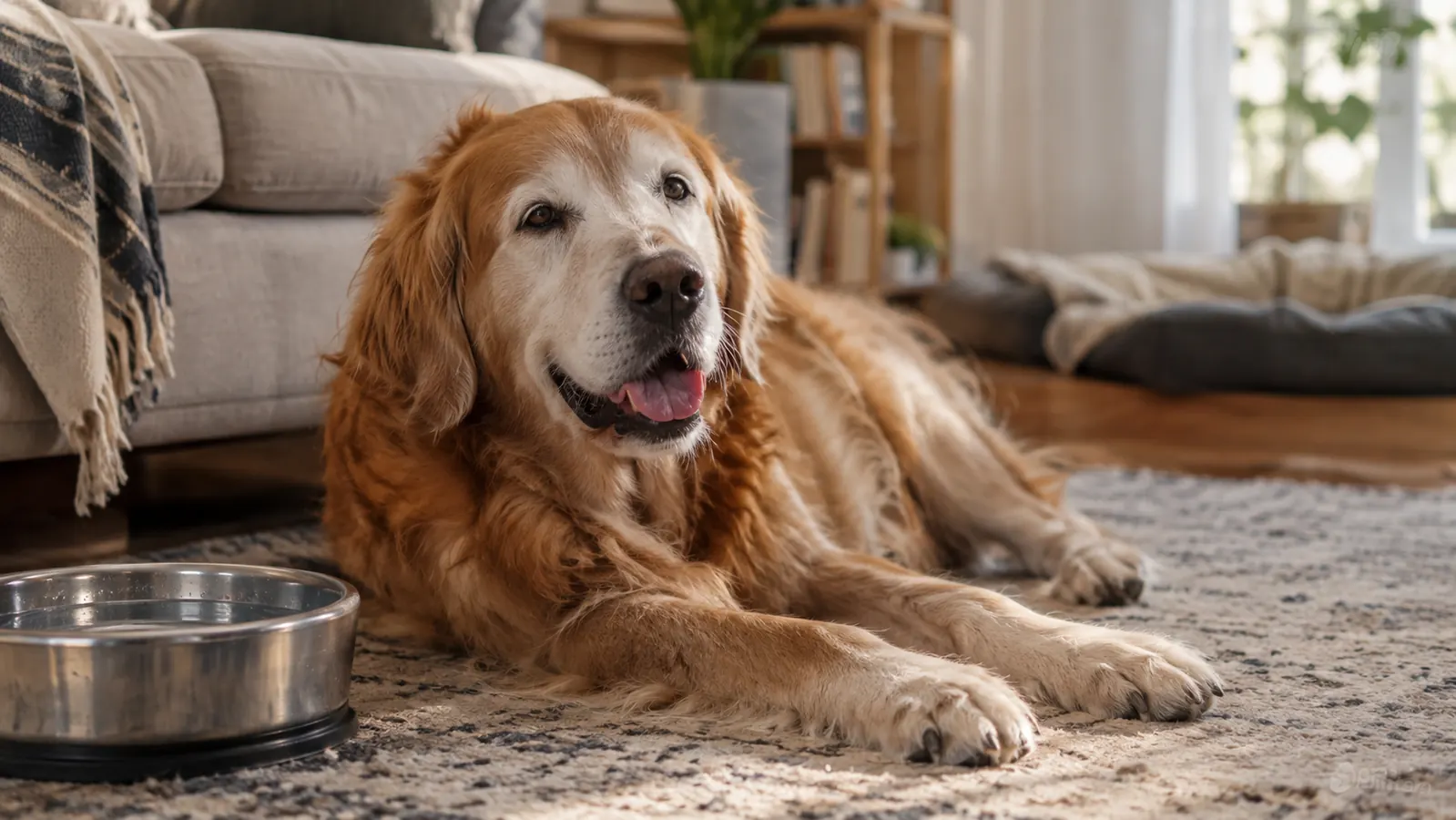 A senior dog lying on a rug in a living room after a walk, looking relaxed