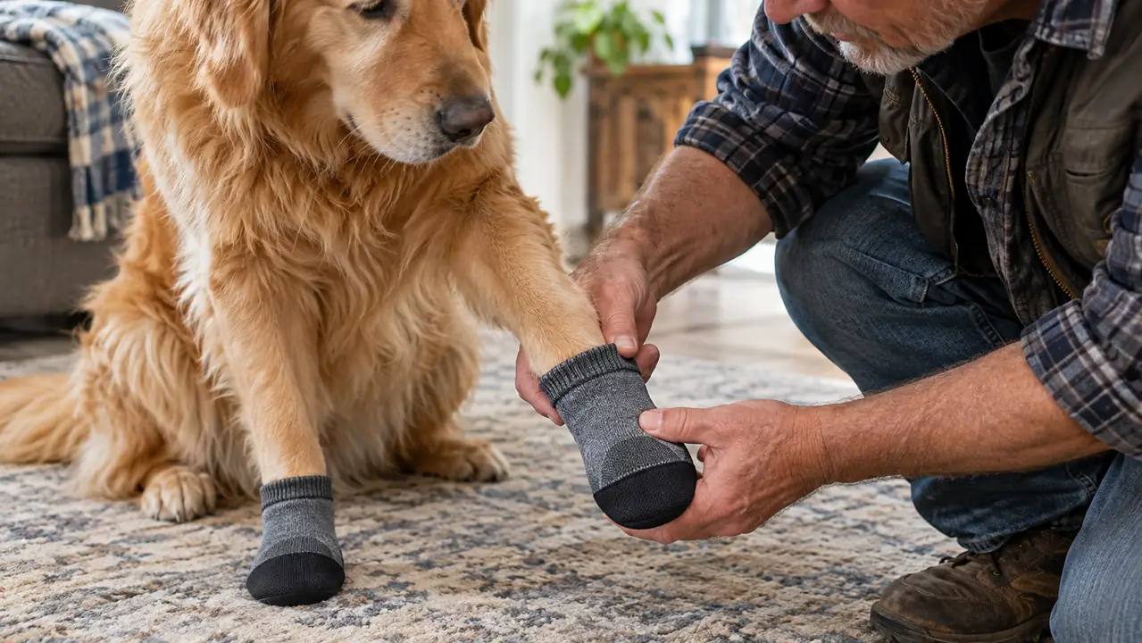 A person's hand fitting a non-slip sock onto a dog's paw while the dog sits on a rug